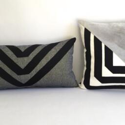 Geometric Black Linen Lumbar Pillow Cover, Gold Accent Ribbon, Handmade - thumbnail 4