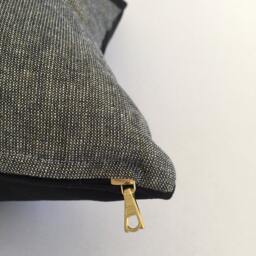 Geometric Black Linen Lumbar Pillow Cover, Gold Accent Ribbon, Handmade - thumbnail 2