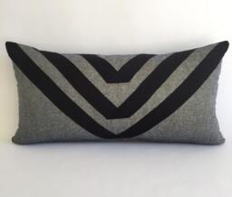 Geometric Black Linen Lumbar Pillow Cover, Gold Accent Ribbon, Handmade - thumbnail 1