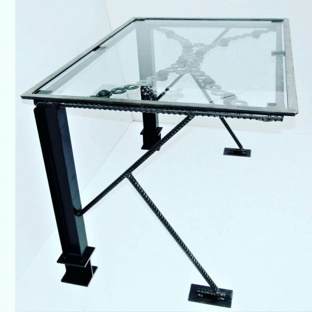 Industrial Glass Top Desk Rebar Steel Frame, Modern Home Office - image 1