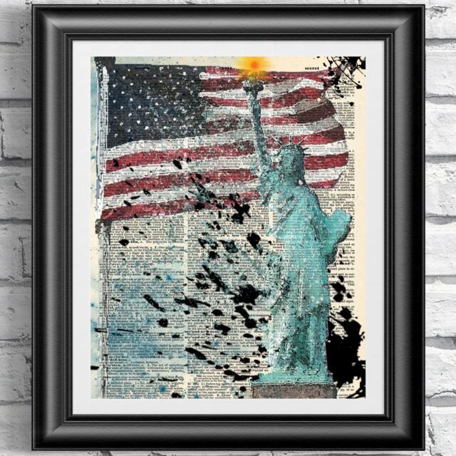 Lady Liberty Art Print Usa Flag On Antique Dictionary Page - image 1