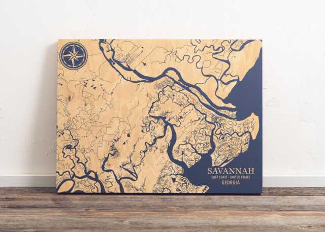 Savannah, Georgia Map - Engraved Wood Coastal Wall Art Sign, Beach House Home Decor Nautical Life Print, Unique Personalized Family Gift - image 1