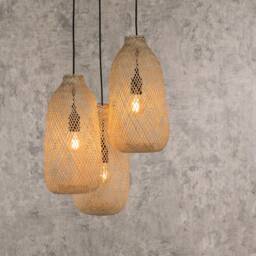 Boho Cluster Light - Bamboo Basket Pendant Shade Triple Drop Ceiling Canopy Hardwired Wood Chandelier - thumbnail 3