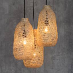 Boho Cluster Light - Bamboo Basket Pendant Shade Triple Drop Ceiling Canopy Hardwired Wood Chandelier