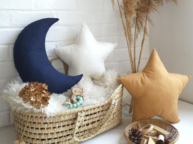 Navy Moon Pillow, Star Nursery Decor, Cotton Cushion - image 1