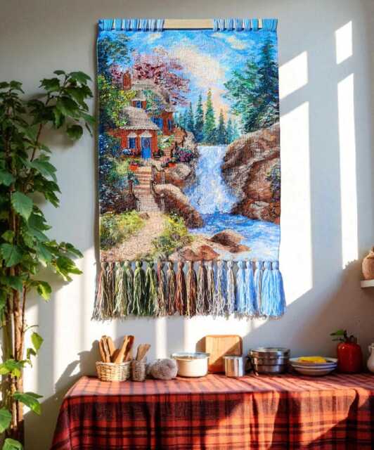 Large Woven Waterfall Tapestry Handmade Fiber Art Wall Decor - image 1