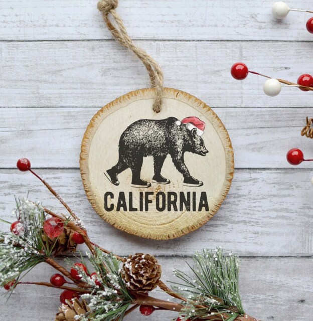 California Bear Christmas Ornament, Animal Print Natural Wood Slice , 2018 Gift Idea, Woodland - image 1