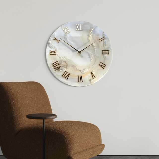 White Pearl Elegant Epoxy Resin Wall Clock Natural Stones, Modern Art Decor - image 1