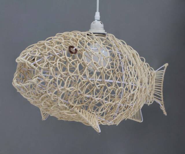 Rattan Fish Pendant Light - Natural Woven Lighting, Width 23 - image 1