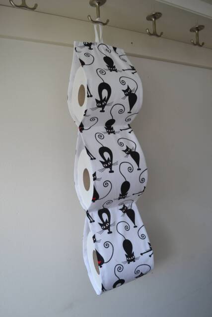 Hanging Toilet Roll Holder, Cats Lovers Gift, White Fabric With Black/Holds 2 - 4 Rolls/ Handmade/ Housewarming - image 1