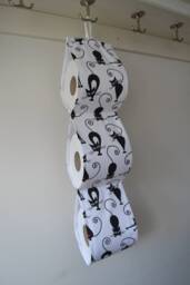 Hanging Toilet Roll Holder, Cats Lovers Gift, White Fabric With Black/Holds 2 - 4 Rolls/ Handmade/ Housewarming - thumbnail 1