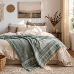 Soft Green Indian Wool Throw Blanket, Handwoven Couch Coverlet With Minimalist Bed Accent - Emrald - thumbnail 2