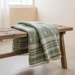 Soft Green Indian Wool Throw Blanket, Handwoven Couch Coverlet With Minimalist Bed Accent - Emrald - thumbnail 1