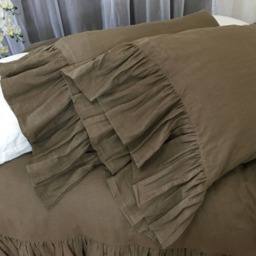 Cedar Dark Brown Linen Pillow Cases With Mermaid Long Ruffles, Romantic Adorable 2 Pieces, A Pair - thumbnail 3