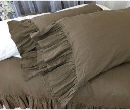 Cedar Dark Brown Linen Pillow Cases With Mermaid Long Ruffles, Romantic Adorable 2 Pieces, A Pair - thumbnail 1