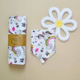Muslin Swaddle & Bib Set Of 2, Pink Unicorn Soft Blanket, Bibs New Baby Girl Essential Gifts, Newborn/Shower Gift Box - thumbnail 3