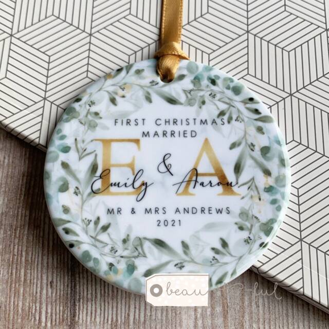 Personalised First Christmas Married Wedding Gift Mr Mrs Newlywed Eucalyptus Wreath Design Ceramic Or Acrylic Round Ornament Keepsake