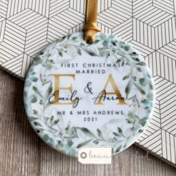 Personalised First Christmas Married Wedding Gift Mr Mrs Newlywed Eucalyptus Wreath Design Ceramic Or Acrylic Round Ornament Keepsake