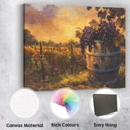 Golden Vineyard Harvest Purple Grapes Rustic Wine Barrel Canvas Wall Art Print Decor Picture Ready To Hang - thumbnail 2