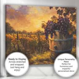 Golden Vineyard Harvest Purple Grapes Rustic Wine Barrel Canvas Wall Art Print Decor Picture Ready To Hang - thumbnail 3