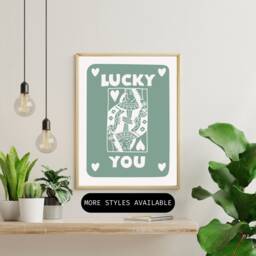 Queen Of Hearts Card Print - Lucky You Poster, Green Retro Wall Art - thumbnail 1
