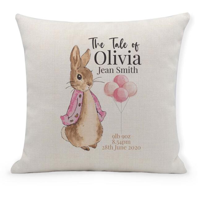 Personalised Peter Rabbit New Baby Cushion Cover Pink Nursery Decor, Gift, Girl Gift - image 1