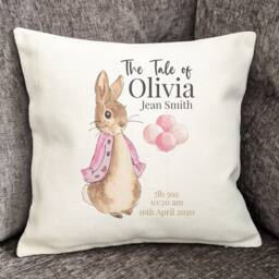 Personalised Peter Rabbit New Baby Cushion Cover Pink Nursery Decor, Gift, Girl Gift - thumbnail 2