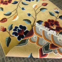 Yellow Tibetan Floral Wool Runner Rug Handknotted 3x6Ft Nepal - Buddhist Meditation Carpet - thumbnail 3