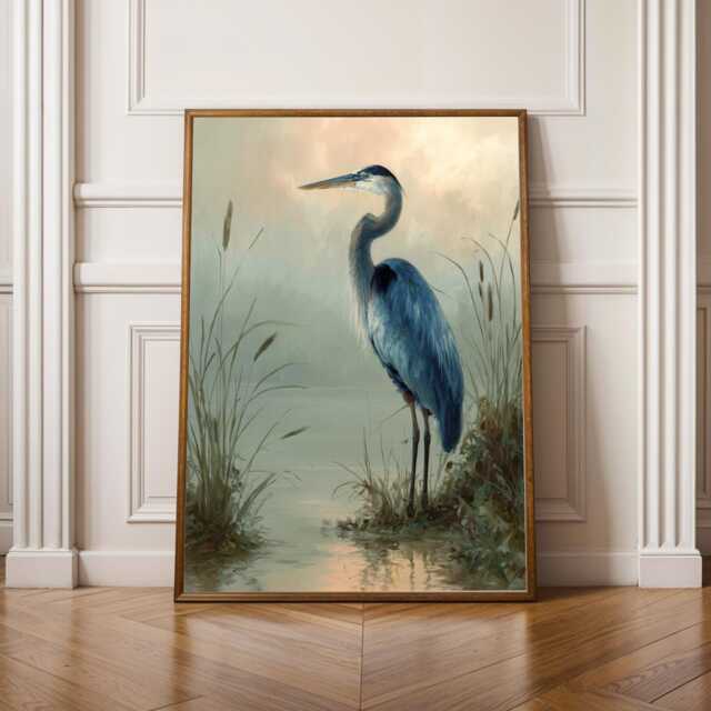 Blue Heron Wall Art, Marshland Print, Green Beige Decor, Living Room Nature Gift For Parents, Secret Santa - image 1