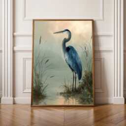 Blue Heron Wall Art, Marshland Print, Green Beige Decor, Living Room Nature Gift For Parents, Secret Santa - thumbnail 1