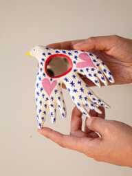 Paper Mache Dove Mirror, Hand Painted Folk Art Bird Wall Decor, Whimsical Star & Heart Small Cottagecore Aesthetic Gift