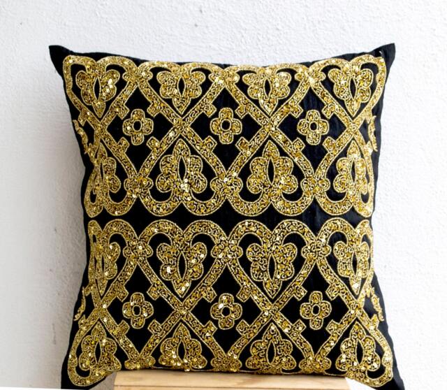 Luxury Gold Pillow, Valentines Decor, Throw Pillows Beaded, Black Beaded Pillows, Cushion Cover Housewarming Gift, Sparkle Decor - image 1