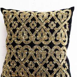 Luxury Gold Pillow, Valentines Decor, Throw Pillows Beaded, Black Beaded Pillows, Cushion Cover Housewarming Gift, Sparkle Decor - thumbnail 2