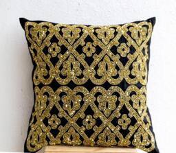 Luxury Gold Pillow, Valentines Decor, Throw Pillows Beaded, Black Beaded Pillows, Cushion Cover Housewarming Gift, Sparkle Decor - thumbnail 1