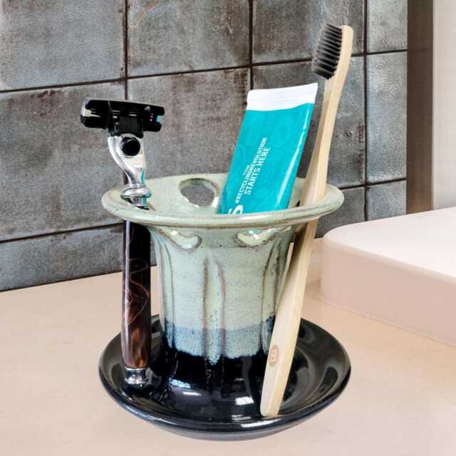 Toothbrush & Toothpaste Holder 6 Slots, Handmade Ceramic in Green Black