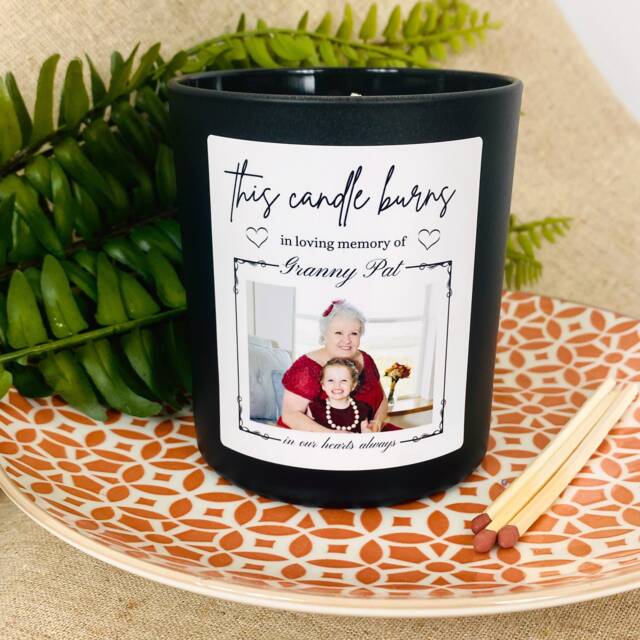 Personalised Bereavement Photo Candle - Remembrance - Memoriam With Sympathy This Burns in Loving Memory Of Black Glass Jar - image 1