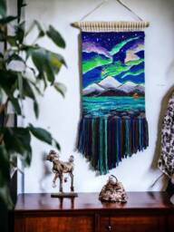 Aurora Night Sky Lights - Mountain Tapestry Wall Decor Weaving Landscape Wall Art Macrame Textile Woven Hanging Handmade