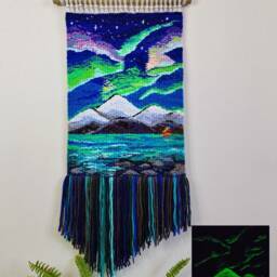 Aurora Night Sky Lights - Mountain Tapestry Wall Decor Weaving Landscape Wall Art Macrame Textile Woven Hanging Handmade - thumbnail 2