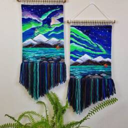 Aurora Night Sky Lights - Mountain Tapestry Wall Decor Weaving Landscape Wall Art Macrame Textile Woven Hanging Handmade - thumbnail 3
