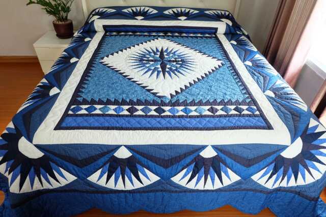 Made To Order Handmade Bedroom Quilt Bedspread, Amish Style Mariners Compass Star Hand Quilted Quilt, Navy Decor Truly Handmade Gift - image 1