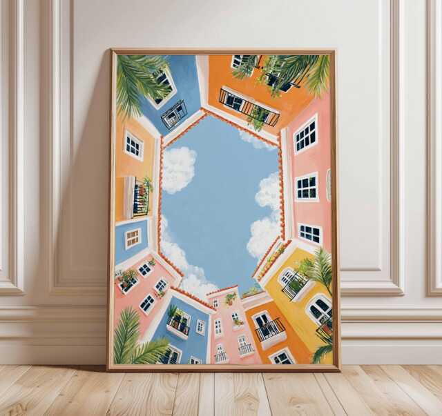 Mediterranean Street Poster, Colorful Architecture Wall Art, Coastal Travel Print, Summer Sky Decor, Bright Home Artwork - image 1