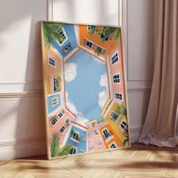 Mediterranean Street Poster, Colorful Architecture Wall Art, Coastal Travel Print, Summer Sky Decor, Bright Home Artwork - thumbnail 2