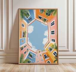 Mediterranean Street Poster, Colorful Architecture Wall Art, Coastal Travel Print, Summer Sky Decor, Bright Home Artwork - thumbnail 1