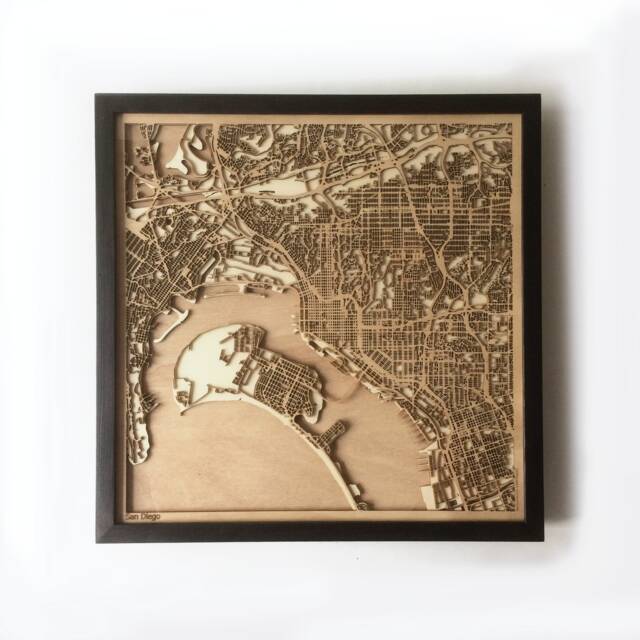 San Diego Wooden Map Art - 3D Laser Cut City Streets, Framed Plywood - image 1