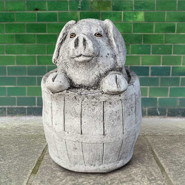 Large Stone Pig in Barrel Statue Concrete Garden Decor Cement Piglet Sculpture Rustic Farm Animal Ornament Cute Cement Lover Gift - image 1