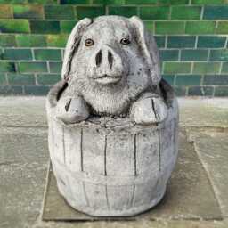 Large Stone Pig in Barrel Statue Concrete Garden Decor Cement Piglet Sculpture Rustic Farm Animal Ornament Cute Cement Lover Gift - thumbnail 3