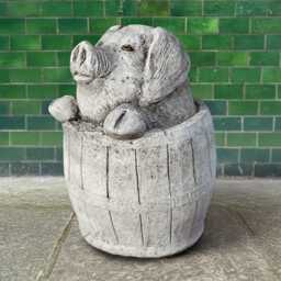 Large Stone Pig in Barrel Statue Concrete Garden Decor Cement Piglet Sculpture Rustic Farm Animal Ornament Cute Cement Lover Gift - thumbnail 2