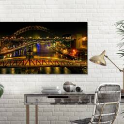 The Tyne Bridge, Newcastle, Reflections Yellow Lights, Sunset , Museum, United Kingdom, Mounted Canvas Wall Art Print Ready To Hang - thumbnail 3