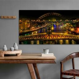 The Tyne Bridge, Newcastle, Reflections Yellow Lights, Sunset , Museum, United Kingdom, Mounted Canvas Wall Art Print Ready To Hang - thumbnail 2