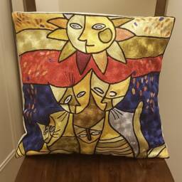 "Handmade Silk Embroidery Cushion Cover Abstract Cat Design - 16""x16" - thumbnail 2